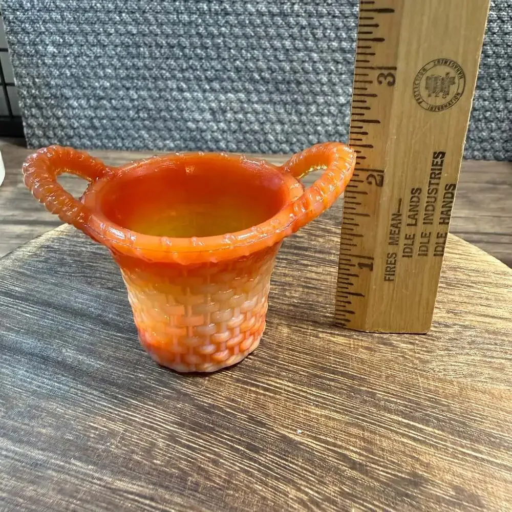Boyd Orange Slag Glass Basket Weave Toothpick Holder with Handles